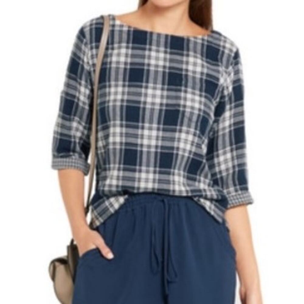 Madewell Double Navy Plaid 3/4 Sleeve Pullover Cotton Top Women Size S Cottage